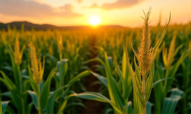 朝日を浴びるPeak Harvest Co.の持続可能なトウモロコシ畑